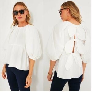 Pomander Place Tuckernuck White Poplin Bow Sutton Puff Sleeve Blouse sz S NWT